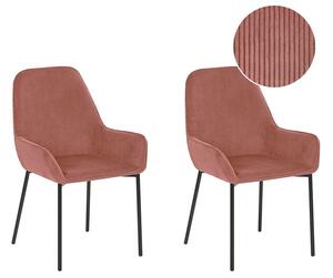 Set di 2 sedie per sala da pranzo Seduta imbottita in tessuto di velluto a coste rosa Gambe in metallo Nero Stile moderno Beliani