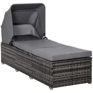 Outsunny Lettino Prendisole in Rattan PE, Chaise Longue con Schienale Reclinabile a 4 Livelli, Tettuccio e Materassino, Grigio|Aosom