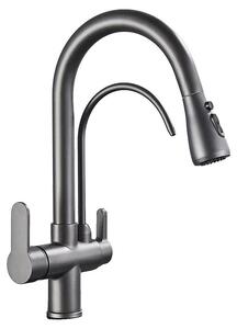 Rubinetto, soffione estraibile, miscelatore a due manopole, colore grigio