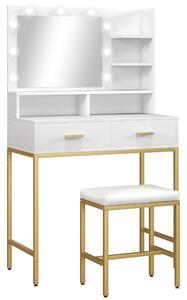 HOMCOM Mobile Toeletta con Specchio, 2 Cassetti, 5 Ripiani e Sgabello, in MDF e Truciolato, 80x40x138 cm, Bianco|Aosom