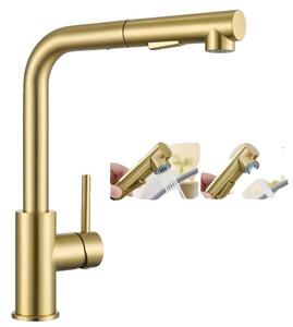 Miscelatore da cucina estraibile, girevole a 360°, con doppio flusso d'acqua, finitura dorata, attacco G3/8