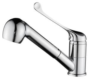 Rubinetto da cucina Aquanello Medic con leva lunga e erogatore estraibile, finitura cromata, modello CR-1006-MD