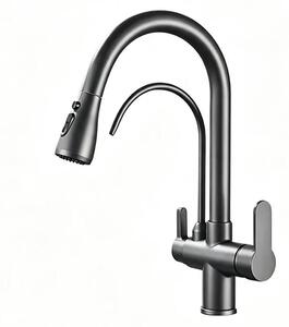 Rubinetto da cucina, con doccetta estraibile, a due maniglie, colore grigio
