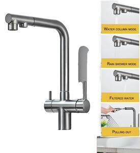 Rubinetto da cucina con doppia maniglia, funzionalità acqua fredda e calda, struttura in ottone resistente, grigio canna di fucile