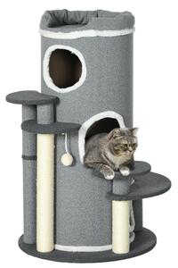 PawHut Albero Grattatore per Gatti, 2 tane per gatti, 4 spazi riposanti, 4 tiragraffi, 57 cm x 57 cm x 99 cm, Grigio + Bianco