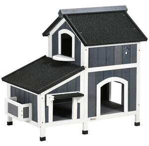 PawHut Casa per Gatti all'Aperto, a due Piani, Altezza dal Suolo, Legno Naturale, Tetto in Asfalto, grigio, 96 x 65 x 85,5 cm