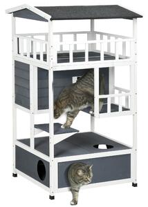 PawHut Casa per Gatti in Legno, Katzenhütte per Esterni con Terrazza, Tane per Gatti, 4 Piani, Villa per Gatti con Scala, Tetto in Asfalto, Resistente alle Intemperie, Casa per Piccoli Animali, Grigio, 75,5 x 75 x 137 cm