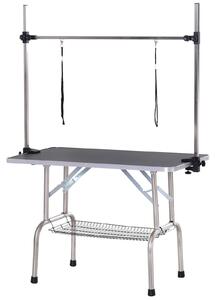 PawHut Tavolo Taglio Toelettatura per Animali con Cesto Inferiore per Cani Altezza Regolabile Pieghevole in Acciaio Inossidabile Metallo Nero 107 x 60 x 170 cm