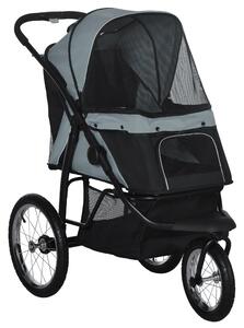 PawHut Carrello per cani pieghevole con parasole, finestre a rete, cestino portaoggetti, grigio, 111 x 58 x 107 cm