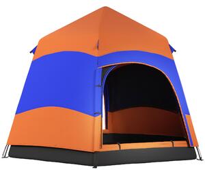 Outsunny Quick-Up-Zelt Doppelwandzelt Outdoor Familienzelt Pop-Up per 4-6 persone 4 stagioni impermeabile con borsa da trasporto zanzariera 2 porte Poliestere + Fibra di vetro Arancione + Blu 275 x 275 x 170 cm