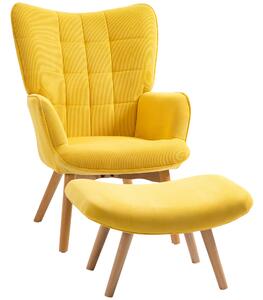 HOMCOM Poltrona d'Arredo con Pouf, Poltrona Relax in Effetto Corda, Poltrona con Braccioli e Gambe in Legno, per Soggiorno, Giallo