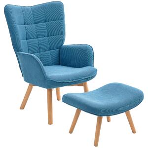 HOMCOM Poltrona d'Accent con Pouf, Poltrona Relax in Effetto Corda, Poltrona con braccioli in legno, per Soggiorno, Blu