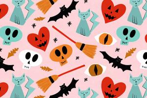 Illustrazione Halloween ghosts skulls cats and bats, Volanthevist