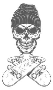 Illustrazione Vintage monochrome skateboarder skull, dgim-studio