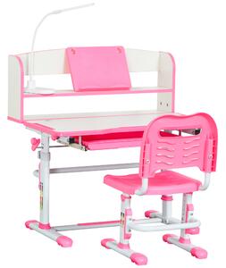 HOMCOM Banco Scuola per Bambini 6-12 Anni Regolabile con Luce LED, Leggio e Portapenne, in MDF, PP e Acciaio, Rosa