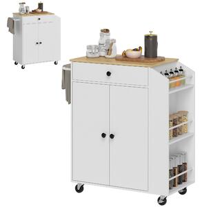HOMCOM Carrello Cucina con Cassetto, Armadio, Scaffale per Spezie, Portasciugamani, 82 x 38 x 86,5 cm, Bianco/Quercia