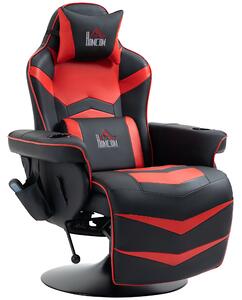 HOMCOM Poltrona da Gaming con Funzione Massaggio, Schienale Inclinabile, Poggiapiedi, fino a 120 kg, Telaio in Acciaio, Ecopelle, Rosso