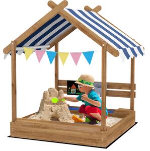 Outsunny Sandbox con Protezione Solare, Design Casa da Gioco, con Set di Giocattoli, Legno Massiccio Trattato, 124 x 116 x 146 cm, Marrone