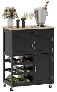 HOMCOM Carrello da Cucina con Ruote e Cassetti, 3 Ante e Portabottiglie Salvaspazio in Legno Multifunzione, 67x37x87cm, Nero e Rovere|Aosom Italy