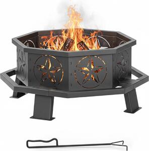 Braciere Relaxdays, A x P: 36 x 82 cm, con attizzatoio, in acciaio, ottagonale, motivo a stelle, braciere da giardino, nero