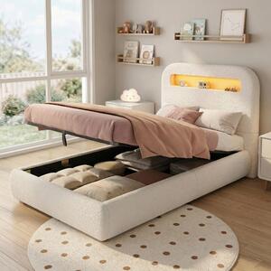 Letto imbottito STILVORA 90x200 cm con meccanismo idraulico e ampio vano contenitore, letto singolo con rete a doghe e illuminazione a LED, lettino per bambini con testiera e gambe in legno massello, bianco