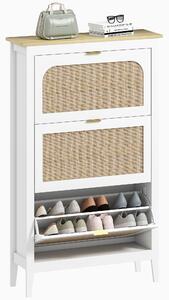 HOMCOM Mobile porta scarpe 21 paia bohémien con 3 cassetti ribaltabili, porte effetto cannage in rattan, 80 x 24 x 131 cm, bianco | Aosom Italy
