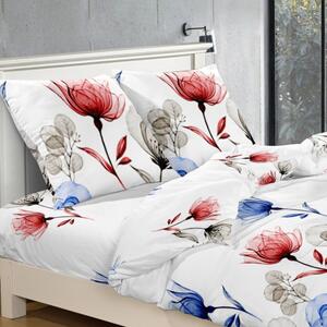 Lenzuola in cotone sintetico bianco con fiori rossi e blu Dimensioni: 160x200 cm | 2 x 70x80 cm