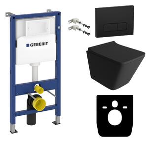DOMINO Geberit Duofix Basic Elemento per parete + WC a parete con scarico profondo Lago Bacino nero senza brida + Pannello di comando nero Delta 25 per doppio scarico | Set