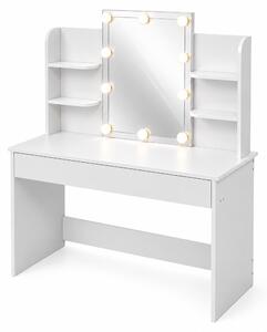 Tavolino da trucco Relaxdays con specchio stile Hollywood, illuminazione integrata, cassetto, dimensioni: 140 x 108 x 40 cm, tavolo da trucco, bianco