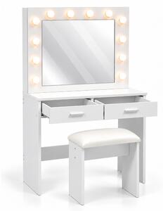 Comò da trucco Relaxdays con sgabello, specchio "Hollywood", illuminazione, 2 cassetti, dimensioni: 140x80x40 cm, tavolo da trucco, bianco