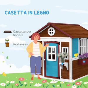 Outsunny Casetta per Bambini 3-8 Anni con Tetto Inclinabile, Vasi e Fioriere, in Legno di Abete, 114x126.4x135 cm