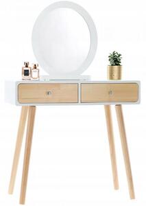 Tavolino da toilette in legno bianco con specchio e sgabello