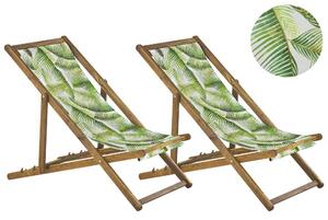 Set di 2 sedie sdraio da giardino in legno di acacia chiaro e tessuto con motivo a foglie di palma verde Tele di Sostituzione Beliani