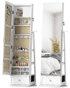 HOMCOM Specchio Portagioie con Luci LED, Armadio Portagioie con Specchio a Figura Intera, Girevole 360° e Cassetto Serratura, Bianco | Aosom Italy