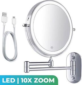 Specchio da trucco Mirlux con illuminazione a Led - ingrandimento 10x - specchio da barba - specchio da parete rotondo - bagno - doccia - cromo