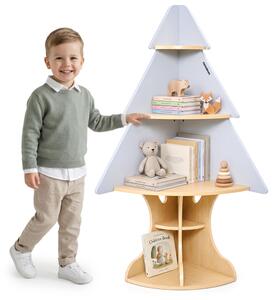 Scaffale angolare a forma di albero per giocattoli, marca Mamabrum, con 3 ripiani, altezza 122 cm, dotato di 4 vani aperti, realizzato in MDF grigio e legno naturale, completo di sistema di fissaggio a parete
