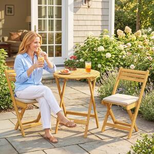 VivaGarden Salotto da Giardino con 2 Sedie e Tavolino con Cuscini in Legno di Acacia/Poliestere colore Legno/Beige