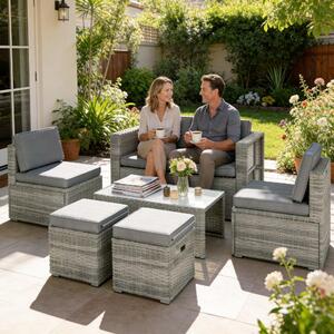 VivaGarden Salotto da Giardino con Divano 2 Posti 2 Sedie 2 Pouf e Tavolino in Rattan PE/Acciaio colore Grigio Scuro