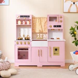 Costway Cucina da gioco per bambini dai 3+ anni con macchina da caffè lavello rubinetto e fornelli, Set di accessori in legno Rosa