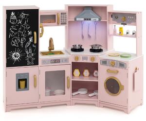 Costway Cucina giocattolo angolare in legno con luci e cappa e accessori ricchi, Set da cucina per bambini di 3+ anni Rosa