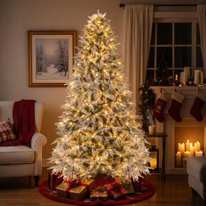 Costway Albero di natale innevato pre-illuminato con 460 luci LED bianco caldo, Albero di natale artificiale 240 cm in metallo pieghevole Verde