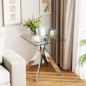 Costway Tavolino laterale in vetro piano temperato base a x in metallo, Tavolo quadrato moderno comodino soggiorno camera da letto spazi ristretti Argento