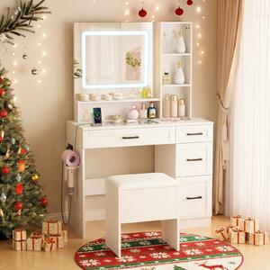 Costway Toeletta con specchio luci prese porta asciugacapelli 4 cassetti e 3 ripiani, Tavolo trucco con sgabello piano in vetro 3 colori regolabili Bianco