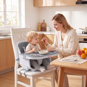 Costway Seggiolone pappa pieghevole 4 in 1 cuscino vassoi doppi rimovibili, Per neonati 6-36m gambe legno cintura portabicchieri Grigio