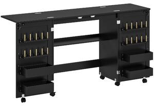 HOMCOM Tavolo da Cucito Pieghevole su Ruote con 2 Ante, 4 Contenitori e 20 Ganci, 160x40x83 cm, Nero | Aosom Italy