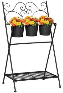 Outsunny Portapiante in Metallo Pieghevole con 3 Vasi, Scaffale per Piante con Ripiano per Casa e Giardino, 47x37x78.5cm, Nero|Aosom