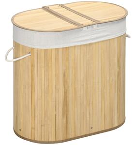 HOMCOM Cesto Portabiancheria in Bambù a 2 Sezioni, 2 Coperchi e Capacità 100L con Sacca Interna Removibile, 62.5x37x60.5 cm, Bianco e Color Legno