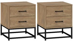 HOMCOM Set di 2 Comodini gambe in acciaio con 2 Cassetti Stile Industriale, in Legno, Colore Legno| Aosom Italy