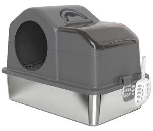 PawHut Lettiera Gatto Chiusa XL in Acciaio Inox con Coperchio, Paletta, Tappetino Raccogli-sabbia, Grigio Scuro | Aosom Italy