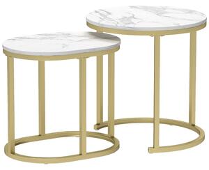 HOMCOM Set 2 Tavolini da Caffè con Piano Effetto Marmo, in Legno e Acciaio, Ø50x50.5 cm e 60x36x43.5 cm, Bianco | Aosom Italy